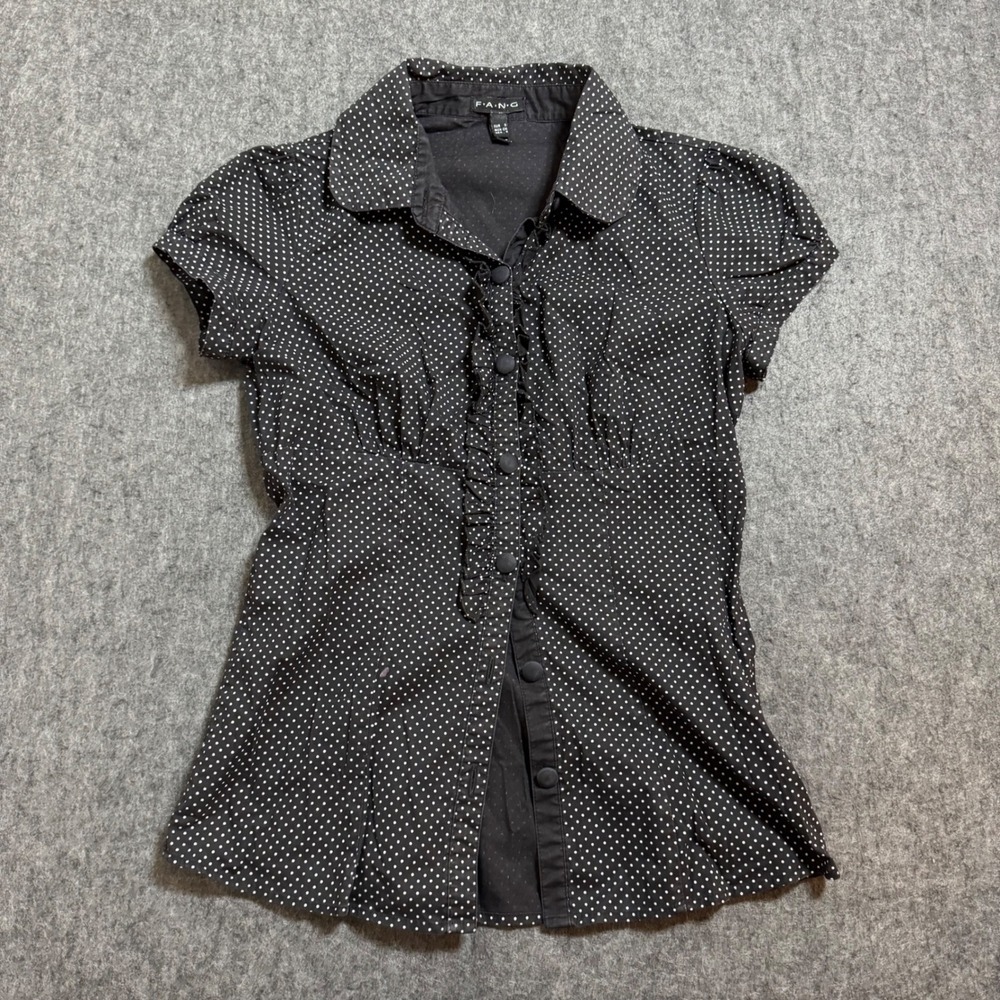 VTG Y2K F.A.N.G Black White Polka Dot Ruffle Button Down Top Small